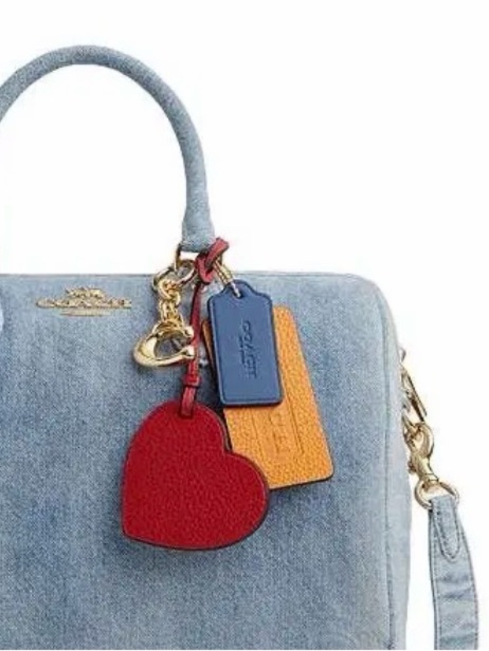 Coach Large Slouchy Denim Rowan Satchel with Red Heart and Yellow and Blue Charm